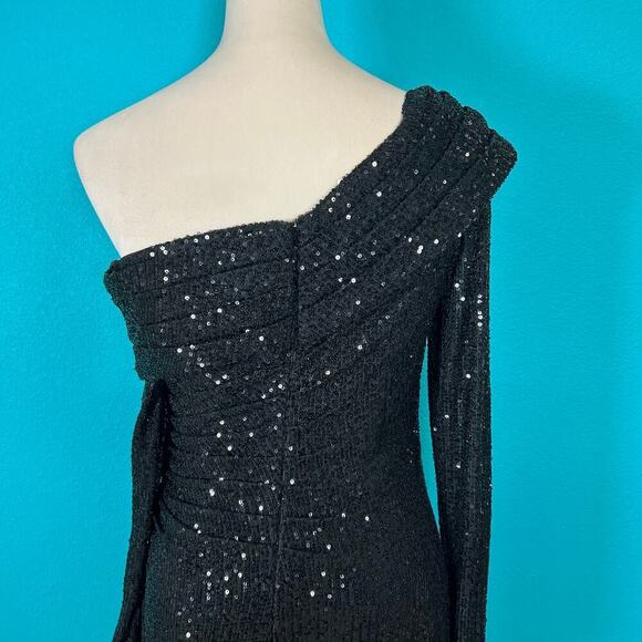 NWT Leena For Mac Duggal Black Sequin One-Shoulder Long Sleeve Midi Dress Size 4 - Picture 5 of 7